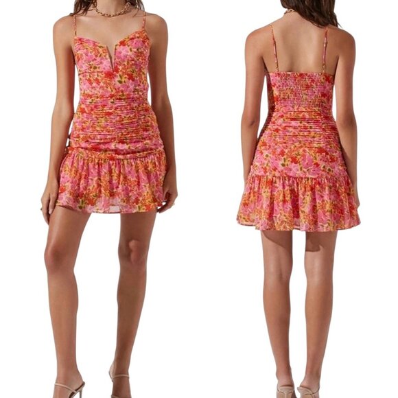ASTR the Label Women Anthropologie Meg Ruched Mini Dress Floral Small Size Pink - Picture 1 of 14